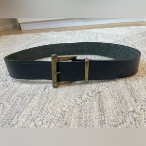 Black leather women’s belt with brass buckle